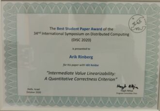 Picture of DISC Best Student Paper Award for Intermediate Value Linearizability: A Quantitative Correctness Criterion